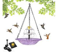 Fontaine solaire en cascade à suspendre avec pompe solaire, bain d'oiseaux d'extérieur pour colibris et oiseaux sauvages, bol en vitrail, fontaine à eau de jardin et terrasse (violet)