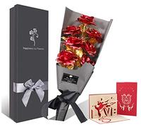 Fontee Bouquet Fleurs Rose Plaqué Or, 7 pièces Bouquet de Roses Artificielles Feuille d'or avec Boîte-Cadeau, Cadeau pour la Saint-Valentin, Fête des Mères, Anniversaire, Noël, Décoration (Rouge)