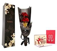 Fontee Bouquet Fleurs Rose Plaqué Or, Bouquet de Roses artificielles Feuille d'or avec boîte-Cadeau, pour la Saint-Valentin, fête des mères, Anniversaire, Anniversaire, Noël, Décoration (Rouge)