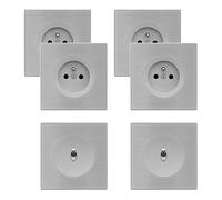 FONTINI - 4 prises 2P+T + 2 va-et-vient ALU GLOSSY DOM avec 6 plaques simples métallisées gris - Polyvalence et design haut de gamme pour vos installations électriques