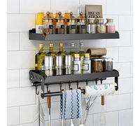 Fooaot 2 pièces étagères à épices murales sans perçage - etagere cuisine avec porte-rouleau de cuisine et 6 crochets - En acier inoxydable 304 - Pour salle de bain et cuisine - Noir - 40 cm