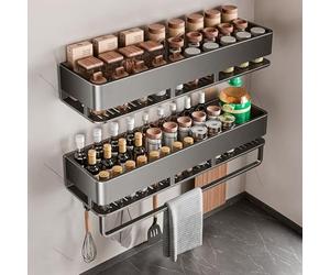 Fooaot Étagère à épices murale, lot de 2 organisateurs à épices en métal, gris, étagère de cuisine sans perçage avec 5 crochets, porte-épices, étagère murale à suspendre pour cuisine, 40 cm