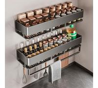 Fooaot Lot de 2 étagères à épices murales - Organiseur à épices en métal - Gris - Étagère de cuisine sans perçage - Avec 5 crochets - Support à épices - Montage mural - Étagère à épices suspendue pour