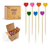 FOOGO Green 150pcs Pics de Cocktail en Bambou, 9cm Brochettes en Forme de Cœur Multicolores, Accessoires pour Cocktails, Piques pour Aliments de Fête, Bâtonnets en Bois Écologiques Solides