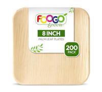 FOOGO Green 200pcs Assiettes Jetables Feuille de Palmier, 20cm Moyennes Carré, Écologique Biodégradable Compostable Comme Assiettes Bois, Bambou, Papier, Plats Chauds, Mariage, Pique-Nique, Fête
