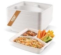 FOOGO Green 50 Assiettes Bagasse Canne à Sucre 23x23cm 3 Compartiments