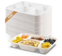 FOOGO Green 50 Assiettes Bagasse Canne à Sucre 28x21cm 6 Compartiments