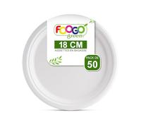 FOOGO Green 50 Assiettes Jetables Bagasse Canne à Sucre, 18 cm, pour Desserts et Entrées, Ecologiques, Biodégradables, Compostables, Pique-nique, Fête, Petites Assiettes Rondes Solides en Papier