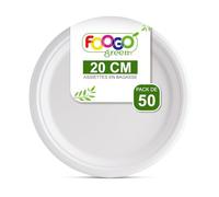 FOOGO Green 50 Assiettes Jetables Bagasse Canne à Sucre, 20 cm, Moyennes, Vaisselle Jetable, Écologiques, Biodégradables, Compostables, Pique-nique, Fête, Assiettes Rondes Solides en Papier
