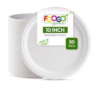 FOOGO Green 50 Assiettes Jetables Bagasse Canne à Sucre, 25 cm, Grandes, Vaisselle Jetable, Écologiques, Biodégradables, Compostables, Pique-nique, Fête, Assiettes Rondes Solides en Papier