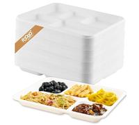 FOOGO Green 50 Assiettes Jetables Bagasse Canne à Sucre, 25x20 cm, 5 Compartiments, Vaisselle Jetable, Écologiques, Biodégradables, Compostables, Pique-nique, Fête, Assiettes Rondes Solides en Papier