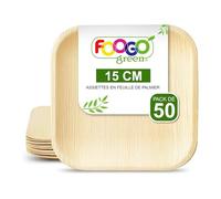 FOOGO Green 50 Assiettes Jetables Feuille de Palmier 15cm Carrées