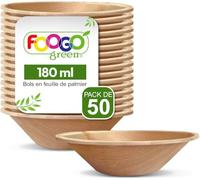 FOOGO Green 50pcs Bols Jetables en Feuille de Palmier, 12cm, 180ml, pour Desserts & Salade, Rond, Écologique Biodégradable Compostable, Comme Bols Bois, Bambou et Papier, Fête, Apéritifs