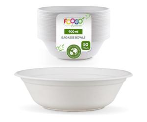 FOOGO Green Lot de 50 grands bols jetables en bagasse de canne à sucre, 900 ml, 20 cm, bol à soupe, dessert, salade, rond, en papier robuste pour aliments chauds.