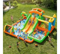 FOOING Grand toboggan aquatique gonflable avec 2 toboggans et pataugeoire pour enfants - Château rebondissant avec deux voies pour les fêtes de jardin et de cour, plaisir d'été en plein air