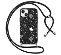 Foonary Coque pour Apple iPhone 13 Mini avec Cordon de Collier, Aesthetic Planète Motif Étui Housse Réglable Lanyard Corde, Silicone TPU Antichoc Protection Case pour iPhone 13 Mini 5,4", Noir Chaîne