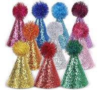Foonary Lot de 10 mini chapeaux de fête d'animaux - Chapeau à paillettes réglables avec pompons pour chats, chiens et doudous, design adorable, décoration de fête pour enfants, adultes, anniversaire