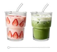 Foonary lot de 2 gobelets en verre de 390 ml avec couvercle et paille, brosse pour paille incluse, conception hermétique et étanche, pour boissons chaudes et froides : café glacé, smoothies, jus et ma