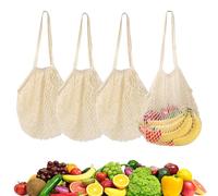 Foonary Lot de 4 sacs à provisions réutilisables en coton,Filet Provision en Maille Pour jouets de sable,Avec longue poignée Pour le shopping, la plage,les jouets, les fruits(Beige)