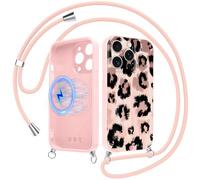 Foonary Magnétique Coque Handykette pour iPhone 13 avec Cordon, Compatible avec MagSafe Étui, Aesthetic Léopard Rose Motif Case, Silicone PC Housse avec Réglable Lanyard pour iPhone13 6,1"