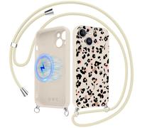 Foonary Magnétique Coque Handykette pour iPhone 13 avec Cordon, Compatible avec MagSafe Étui, Aesthetic Léopard Fleur Motif Case, Silicone PC Housse avec Réglable Lanyard pour iPhone13 6,1"