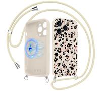 Foonary Magnétique Coque Handykette pour iPhone 14 Pro avec Cordon, Compatible avec MagSafe Étui, Aesthetic Léopard Fleur Motif Case, Silicone PC Housse avec Réglable Lanyard pour iPhone 14Pro 6,1"