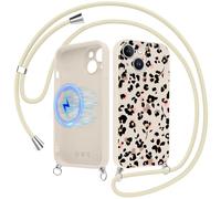 Foonary Magnétique Coque Handykette pour iPhone 15 avec Cordon, Compatible avec MagSafe Étui, Aesthetic Léopard Fleur Motif Case, Silicone PC Housse avec Réglable Lanyard pour iPhone15 6,1"