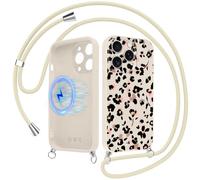 Foonary Magnétique Coque Handykette pour iPhone 15 Pro avec Cordon, Compatible avec MagSafe Étui, Aesthetic Léopard Fleur Motif Case, Silicone PC Housse avec Réglable Lanyard pour iPhone 15Pro 6,1"