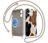 Foonary Magnétique Coque Handykette pour iPhone 16 avec Cordon, Compatible avec MagSafe Étui, Aesthetic Léopard Fourrure Motif Case, Silicone PC Housse avec Réglable Lanyard pour iPhone16 6,1"
