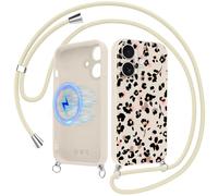 Foonary Magnétique Coque Handykette pour iPhone 17 avec Cordon, Compatible avec MagSafe Étui, Aesthetic Léopard Fleur Motif Case, Silicone PC Housse avec Réglable Lanyard pour iPhone 17 6,3"
