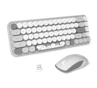 FOPETT Clavier et souris sans fil mignons 2,4 G avec 68 touches colorées pour machine à écrire rétro rond pour PC, ordinateur portable, tablette, fenêtres d'ordinateur - Gris coloré