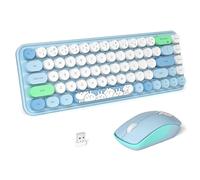 FOPETT Clavier et souris sans fil mignons 2,4 G avec 68 touches colorées pour machine à écrire rétro rond pour PC, ordinateur portable, tablette, fenêtres d'ordinateur - Bleu coloré
