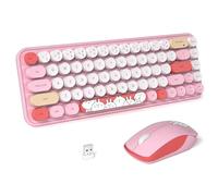 FOPETT Clavier et souris sans fil mignons 2,4 G avec 68 touches colorées pour machine à écrire rétro rond pour PC, ordinateur portable, tablette, fenêtres d'ordinateur - Rose coloré