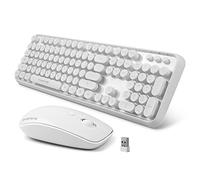FOPETT Ensemble clavier et souris sans fil, 104 touches, 2,4 GHz, rond, coloré, récepteur USB, Plug and Play, pour Windows, Mac, PC, ordinateur portable, bureau - Blanc