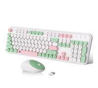 FOPETT Ensemble clavier et souris sans fil 2,4 GHz avec bouton interrupteur - Clavier pleine taille - Compatible avec Windows/ordinateur portable/PC/Notebook/Smart TV et plus encore - Blanc Vert