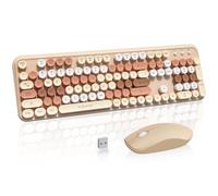 FOPETT Ensemble clavier et souris sans fil 2,4 GHz avec bouton interrupteur - Clavier pleine taille - Compatible avec Windows/ordinateur portable/PC/Notebook/Smart TV et plus encore - Thé au lait