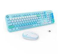 FOPETT Ensemble clavier et souris sans fil - Clavier rétro coloré 2,4 G avec touches rondes 104 touches pour ordinateur portable/fenêtre/PC coloré bleu