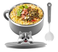 Foppla Bol à nouilles ramen avec couvercle, 1200 ml, bol à nouilles instantanées avec cuillère à fourchette, bol portable avec poignée, revêtement en acier inoxydable 304 pour la maison, le dortoir