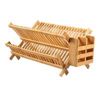 Foppla Égouttoir à vaisselle en bambou avec 20 emplacements, bol et support à vaisselle à 2 niveaux avec boîte à ustensiles, étagère de rangement pliable pour bols et assiettes, étagère de cuisine