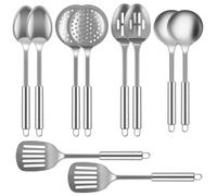 Foppla Lot de 10 ustensiles de cuisine en acier inoxydable avec poignée ergonomique, cuillères lavables et robustes avec trou de suspension, ustensiles de cuisine réutilisables