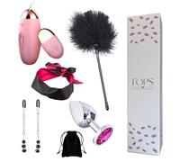 Fops Set BDSM 5 pièces Plug anal en acier inoxydable avec diamant rose œuf vibrant télécommandé pinces à mamelons de luxe bandeau satiné pour les yeux et plumeau Ensemble de jouets sexuels extrêmement