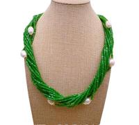 FOPURE 12 Strands 3mm Green Cube Crystal 11x13mm Cultured White Rice Pearl Necklace