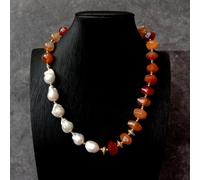 FOPURE 12x18mm Cultured White Baroque Pearl 11x14mm Red Carnelian Nugget Agate Necklace 20.5"