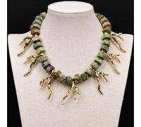 FOPURE 18" Mix Color Green Opal Gems Green Crystal Necklace Golden Resin Coral Branch Shape Pendant