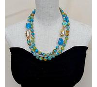 FOPURE 2 Strands Blue Faceted Fire Agate Round Cultured White Biwa Pearl choker Necklace 22"