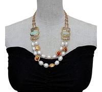 FOPURE 21"-22" 2 Strands Cultured White RicePearl Agate Connector Golden Glass Necklace