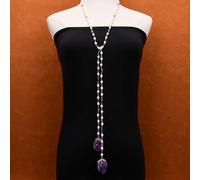FOPURE 51'' Freshwater White Rice Pearl Red Tourmaline Chain Necklace Gold Edge Purple Amethyst Quartz Pendant Party Gifts