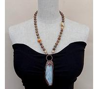 FOPURE Blue Rough Raw Pendant 23" Round Dzi Agate Cultured White Pearl Glass Eye Necklace