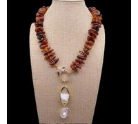 FOPURE Cultured 20x35mm White Baroque Pearl Pendant Amber Necklace