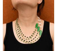 FOPURE Jewelry 4 Rows Cultured White Keshi Pearl Green Crystal Bezel Set Chain Green Cat Eye Connector Necklace Bracelet Sets(Necklace)